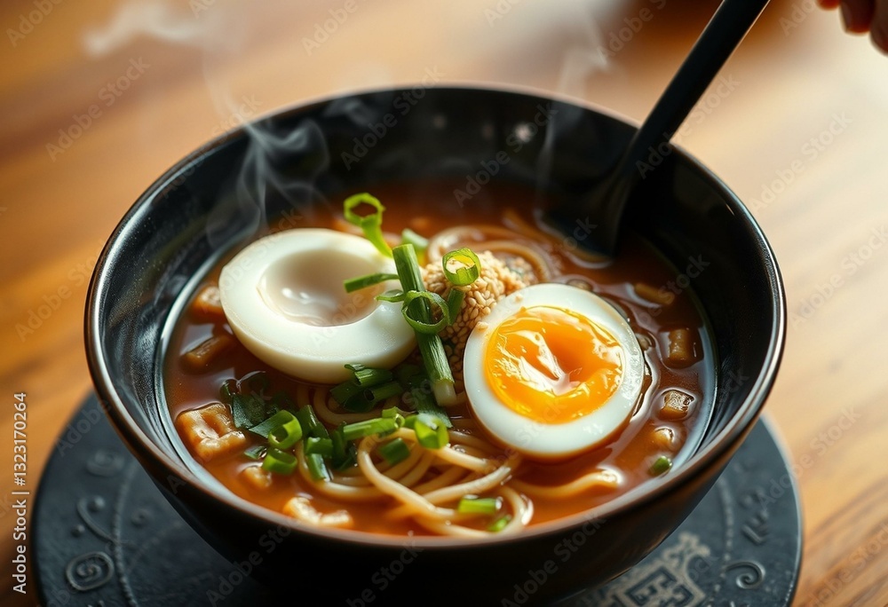 Steaming hot Ramen noodles with green onions and sesame seeds Steaming hot Ramen noodles with green onions and sesame seeds