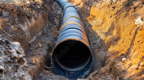 Wallpaper Mural Large diameter pipe in a trench, freshly installed. Illustrates underground utility installation or repair. Torontodigital.ca