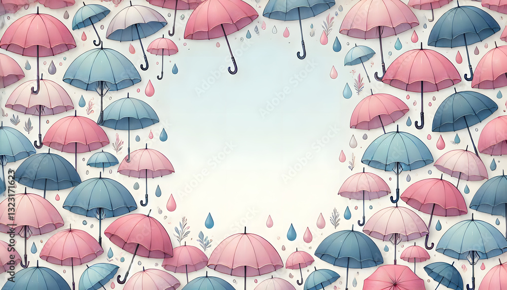 Obraz premium パステルカラーの傘と雨粒の可愛いフレームイラスト