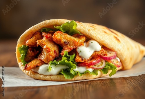 Photorealistic image of a delicious Shawarma sandwich