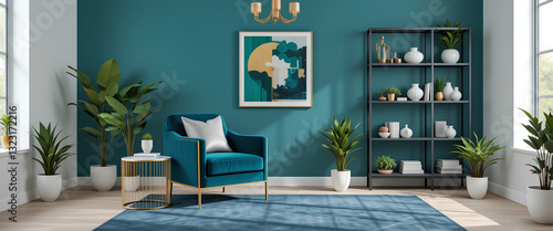 Stylish living room interior idea with blue and gold colors