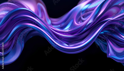 Fototapeta Naklejka Na Ścianę i Meble -  Abstract fluid 3d render with holographic iridescent neon wave in motion on black background - colorful gradient curved design.