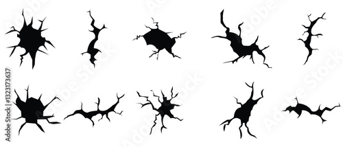 Earthquake icon vector set. Set of natural disaster icon. Asphalt ruin effect or template for shattered damaged surface, disaster or break fracture. Earthquake, crash, destruction vector illustration.