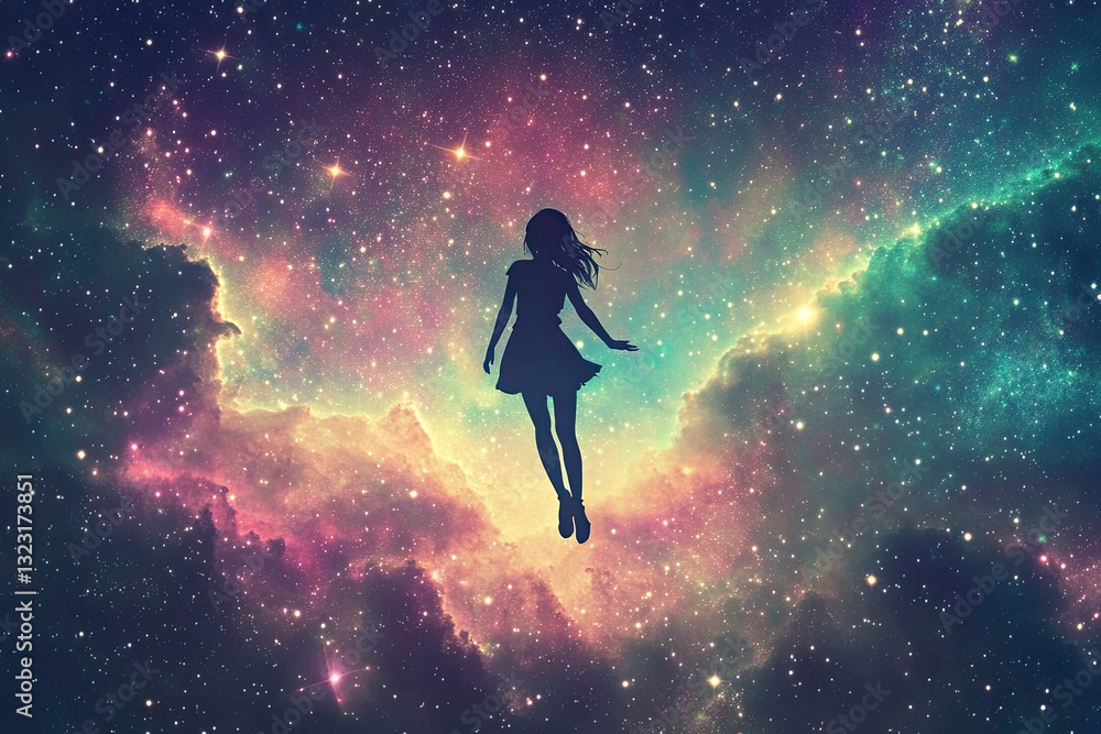 Naklejka premium Anime girl in dress floating through space, cosmic stars, dreamy universe, magical starlit sky, celestial background