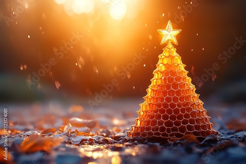 Honeycomb Christmas Tree Festive Golden Honeycomb with Star at Sunset