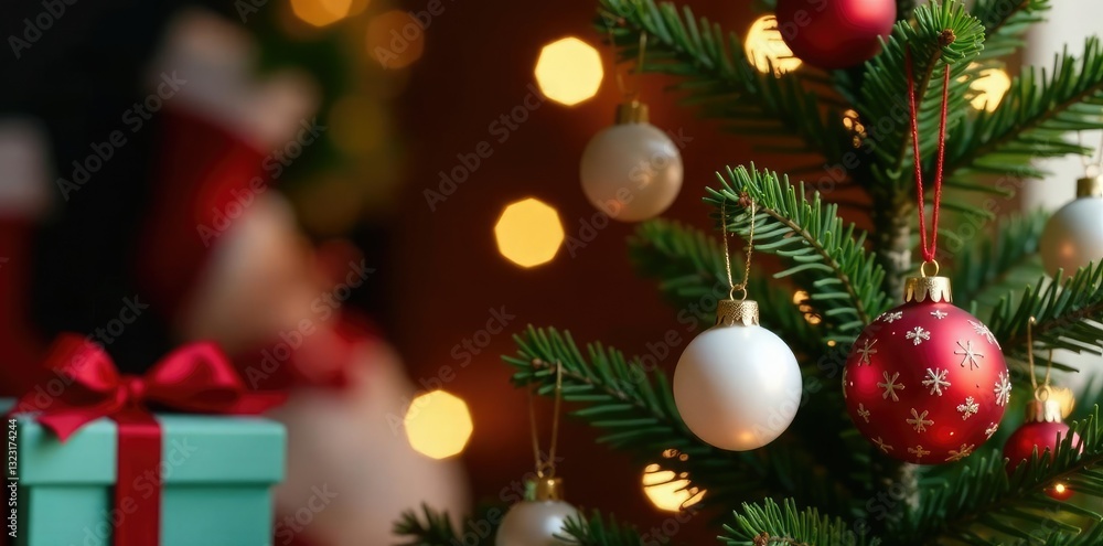 Ornaments in shades of red and white hang from a decorated Christmas tree, holiday, seasonal, gift box Ornaments in shades of red and white hang from a decorated Christmas tree, holiday, seasonal, gift box
