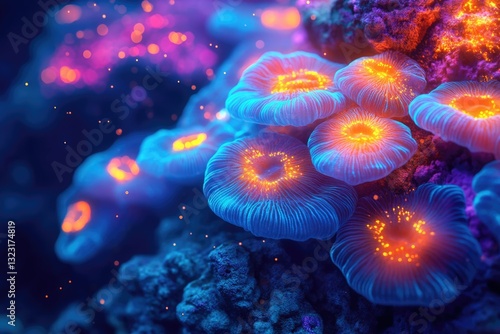 Wallpaper Mural Vibrant blue and orange glowing coral polyps illuminate a dark underwater scene, creating a mesmerizing spectacle. Torontodigital.ca