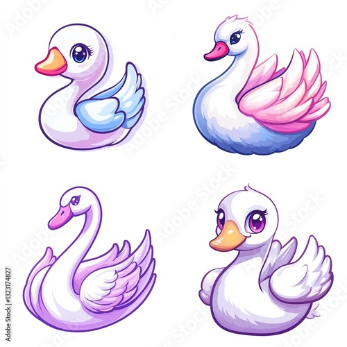 Fototapeta Naklejka Na Ścianę i Meble -  Four cute cartoon swans in pastel colors.