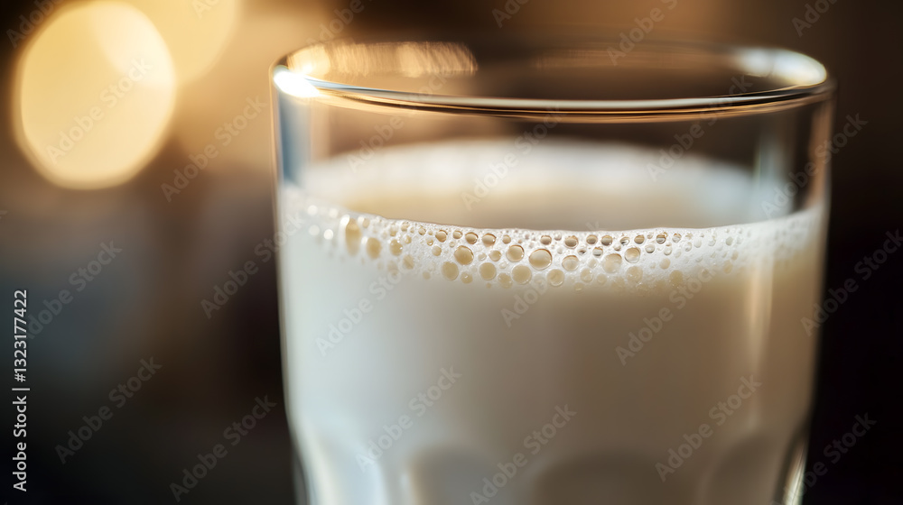 Close - up of a Glass of Milk with Delicate Bubbles and Soft Bokeh Background - Ideal for Food and Beverage Marketing, Social Media Posts. The image features a clear glass filled with creamy milk, sho Close - up of a Glass of Milk with Delicate Bubbles and Soft Bokeh Background - Ideal for Food and Beverage Marketing, Social Media Posts. The image features a clear glass filled with creamy milk, sho