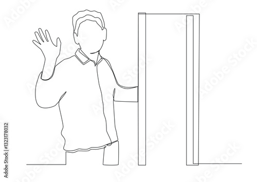 Continuous one line art of man smiles and waves his hand peeping out of the opened door, the concept of a benevolent greeting or goodbye.