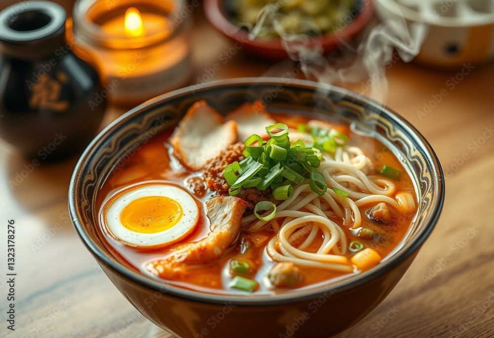 A steaming hot bowl of Ramen with savory broth and colorful toppings A steaming hot bowl of Ramen with savory broth and colorful toppings