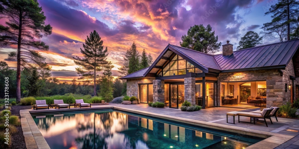 Fototapeta premium RUSTIC STONE AND WOODEN HOUSE SITTING NEAR A POOL UNDER AN ACRYLIC ROOF WITH A LATE EVENING PURPLE HUES SKY BACKGROUND AND TALL TREES ALONGSIDE THE HOUSE, acrylic roof, purple