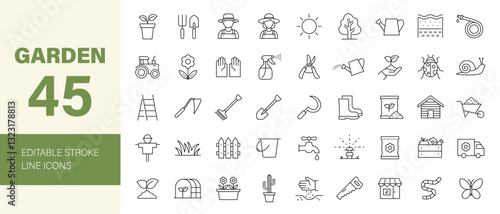Garden icon set. Agriculture related icons: garden tools, gardening, Homi (Korean hand plow), fence, cultivate, sowing, wheelbarrow, shovel, tractor and more. Editable line icons. Vector illustration.