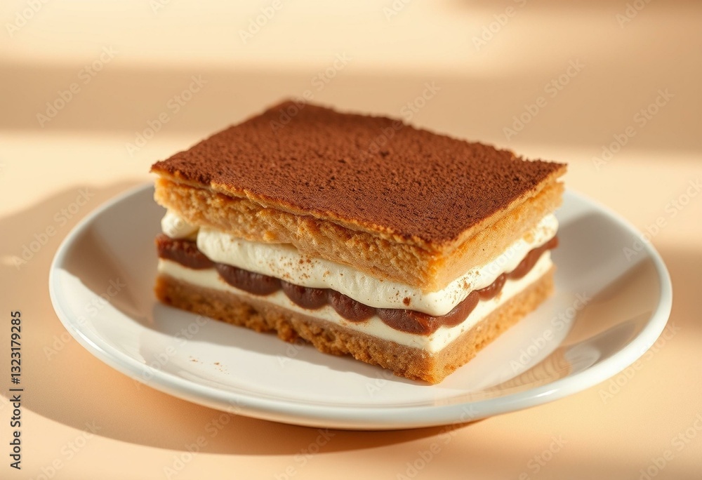 Delicious tiramisu dessert on a white plate Delicious tiramisu dessert on a white plate