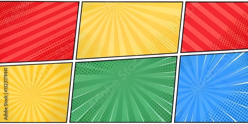 Comic book panel background with colorful radial patterns and halftone effects for graphic novels