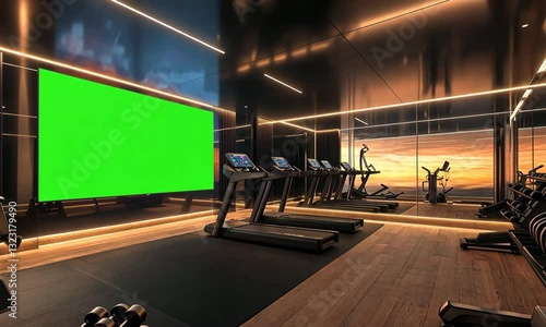 A modern gym interior featuring treadmills and exercise equipment, with a large green screen and a scenic backdrop, designed for fitness and wellness activities.