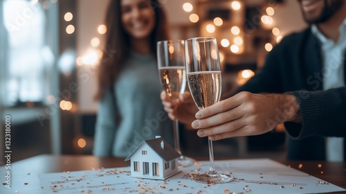 Couple celebrates new home purchase, champagne toast, cozy home