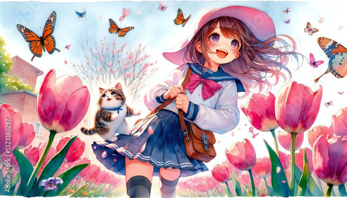 A watercolor painting of a cat and a girl.generated by AI.