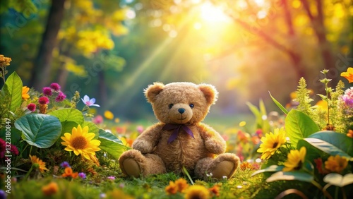 A teddy bear sitting on a forest leaf, surrounded by colorful wildflowers and greenery, with a sunny sky above , flowers