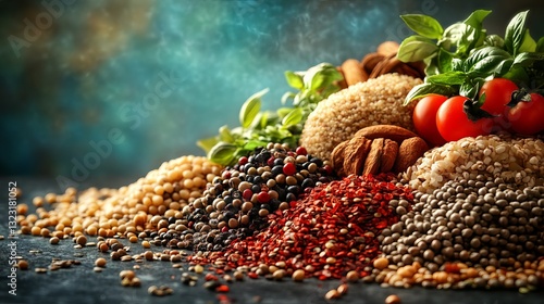 Overhead view of a vibrant balanced diet food background featuring a diverse array of fresh produce—including fruits, vegetables, and whole grains—artfully arranged to inspire healthy, natural eating 