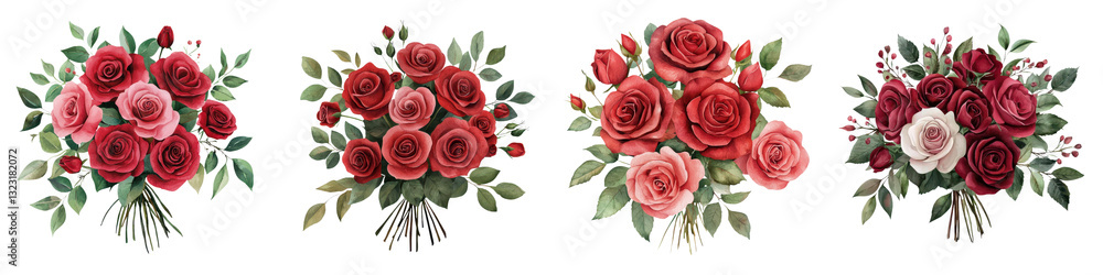Elegant and Sophisticated Bouquets of Red and Pink Roses Artfully Arranged with Verdant Foliage Capturing the Beauty and Romance of Floral Arrangements for Weddings Anniversaries or Special Occasions