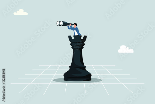 Business planning for leaders, Constant search for opportunities, Business strategy vision, Businessman standing on rook chess piece with binoculars for business vision, Vector design illustration.