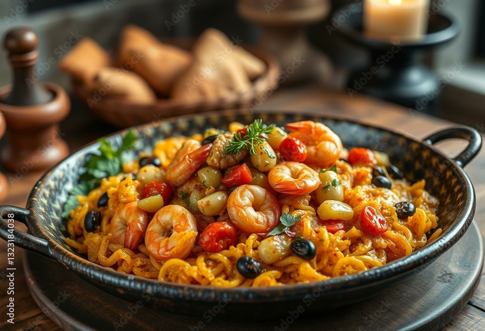 Rustic Paella dish with golden-brown crust and colorful ingredients Rustic Paella dish with golden-brown crust and colorful ingredients