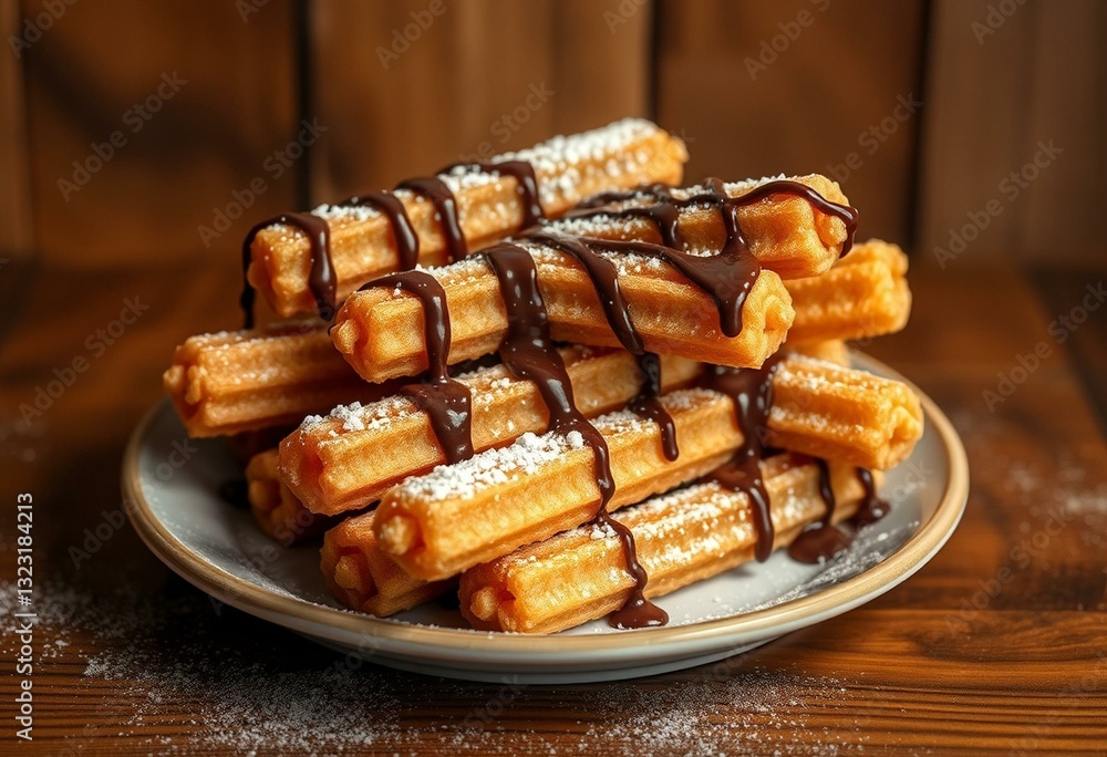 Delicious churros with chocolate and powdered sugar Delicious churros with chocolate and powdered sugar
