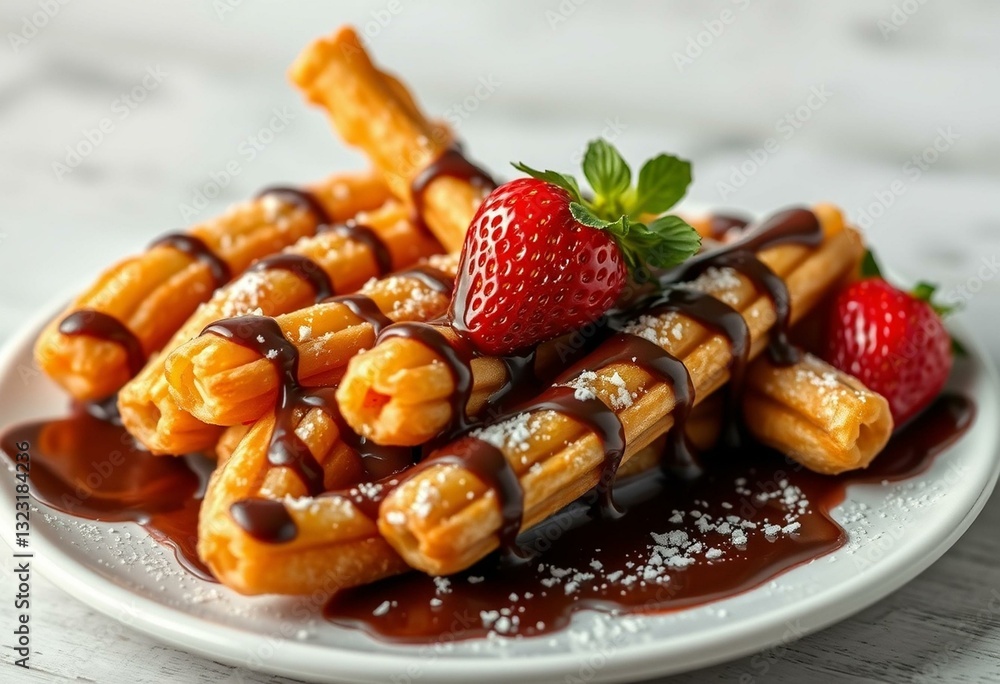 Delicious churros with chocolate sauce and strawberries Delicious churros with chocolate sauce and strawberries