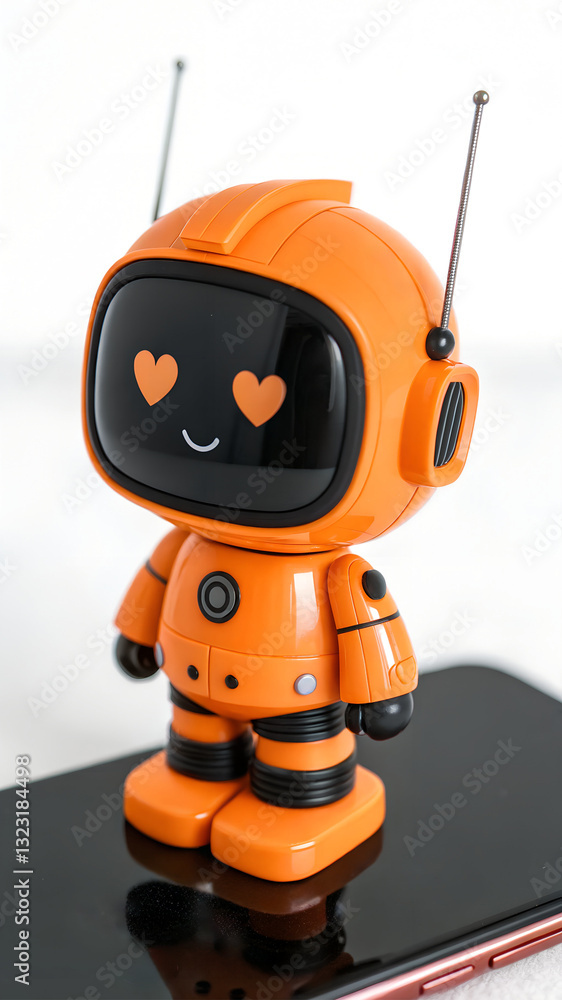 Fototapeta premium Cute Orange Robot with Boxy Head and X Eyes in Relaxed Pose on Black Background with Heart, X, and Dice Icons, Phone wallpaper background, Generative ai Image