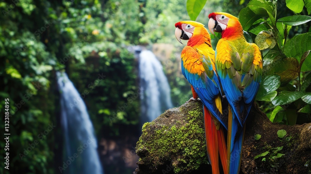 Fototapeta premium Two Colorful Macaws Perched On A Stone In A Lush Forest