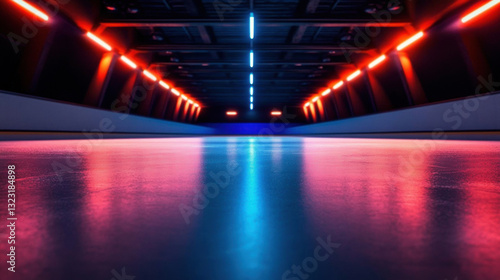 Striking red and blue light illuminating a tunnel creating a dramatic atmosphere in a hockey arena