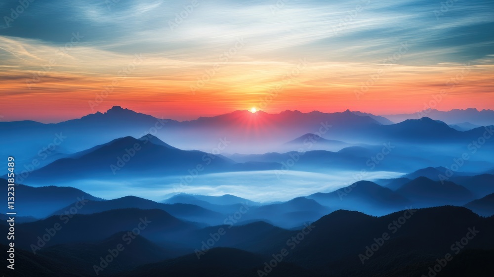A beautiful sunrise over a range of mountain silhouettes A beautiful sunrise over a range of mountain silhouettes