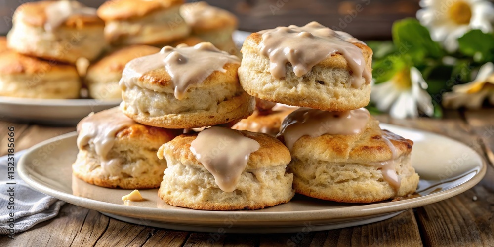 Flaky, buttery biscuits piled high on a plate with a rich, savory sausage gravy dripping from the edges , side dish Flaky, buttery biscuits piled high on a plate with a rich, savory sausage gravy dripping from the edges , side dish