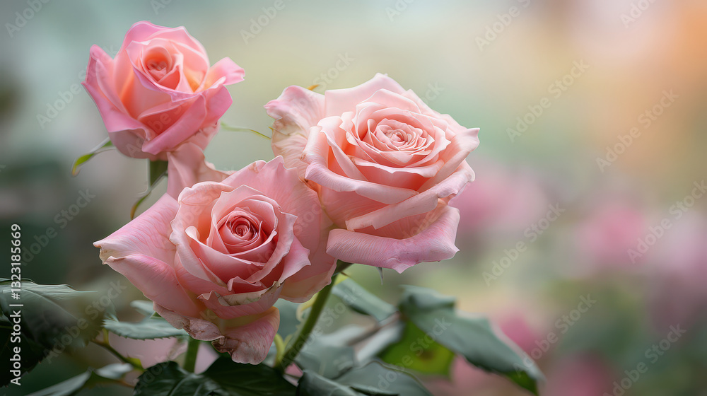 Delicate pink roses in full bloom with soft, dreamy lighting create serene and romantic atmosphere. lush green leaves add contrast, enhancing beauty of flowers Delicate pink roses in full bloom with soft, dreamy lighting create serene and romantic atmosphere. lush green leaves add contrast, enhancing beauty of flowers