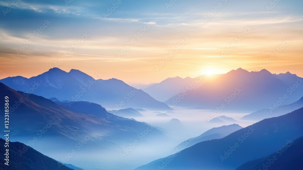 Fototapeta premium Majestic mountain range bathed in the vibrant hues of sunset