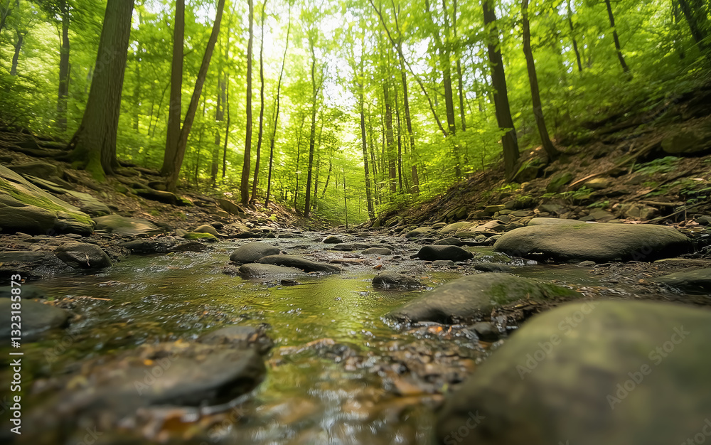 A tranquil stream flowing through a lush forest, capturing the peacefulness and natural beauty of the woodland. Perfect for nature, landscape, and serene visuals. A tranquil stream flowing through a lush forest, capturing the peacefulness and natural beauty of the woodland. Perfect for nature, landscape, and serene visuals.