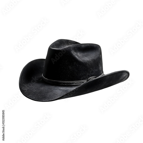 Black cowboy hat with leather band lying at the bottom, shadow , Hat , Isolated
