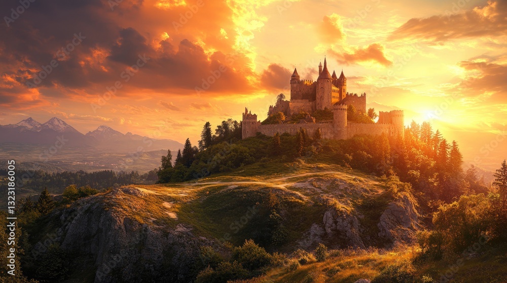 Obraz premium A large stone castle sitting atop a mountain under sunlight