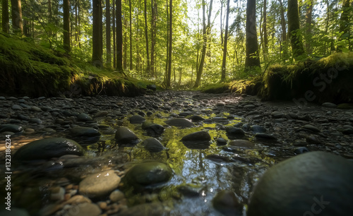Wallpaper Mural A tranquil stream flowing through a lush forest, capturing the peacefulness and natural beauty of the woodland. Perfect for nature, landscape, and serene visuals. Torontodigital.ca
