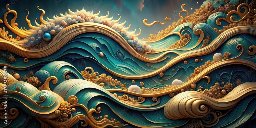 Detailed waves of flowing colored water in a traditional Asian-style background with gold and blue tones, Asian, Gold, Asian Detailed waves of flowing colored water in a traditional Asian-style background with gold and blue tones, Asian, Gold, Asian