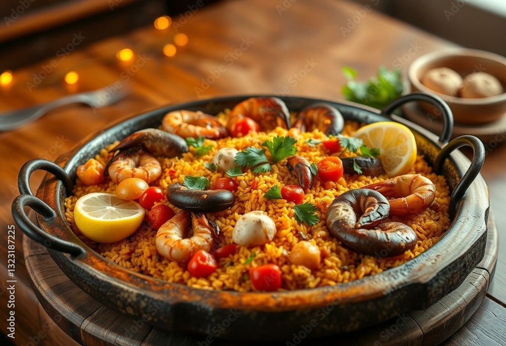A warm and inviting Paella dish with golden-brown crust and colorful vegetables. A warm and inviting Paella dish with golden-brown crust and colorful vegetables.