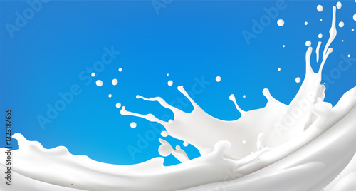 Milk with milk splash on blue background
