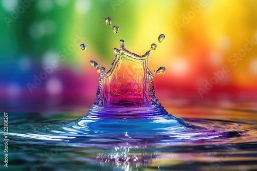 Vibrant rainbow colored water droplet splash.  A captivating macro shot showcasing the beauty of color and motion in a single moment.