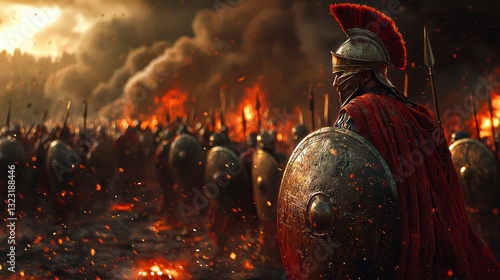 Spartan Warrior in the Battlefield: An epic depiction of a Spartan warrior standing tall amidst a raging battlefield, armored and resolute, surrounded by comrades and the chaos of war.