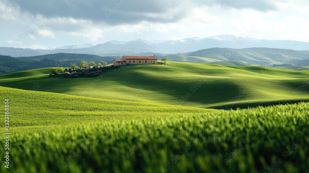Fototapeta premium A picturesque view of rolling green hills with a building