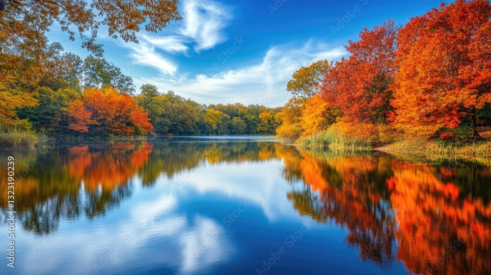 Fototapeta premium A Beautiful Lake Surrounded By Colorful Trees During Autumn Season