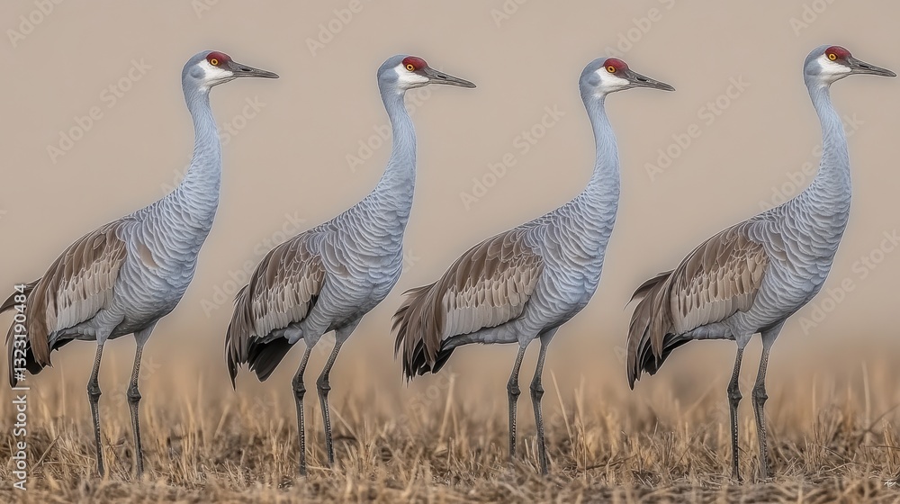 Obraz premium Four sandhill cranes standing in dry grassland 
