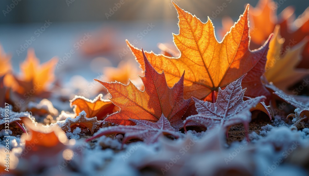 CloseUp of Frosted Autumn Leaves Illuminated by Sun with Shallow Depth of Field. A close up of frosted leaves on the ground. CloseUp of Frosted Autumn Leaves Illuminated by Sun with Shallow Depth of Field. A close up of frosted leaves on the ground.
