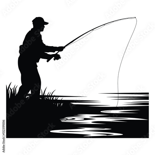 Fisherman casting a line Silhouette, Vector, Icon, Logo, White Background.